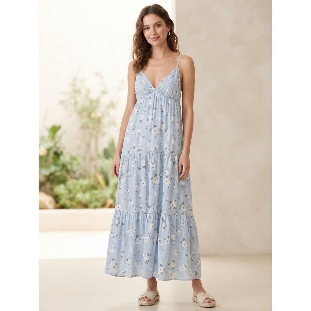 Palo Retail Light Blue Floral Tiered Maxi Women's Dress V-Neck Lace Trim L